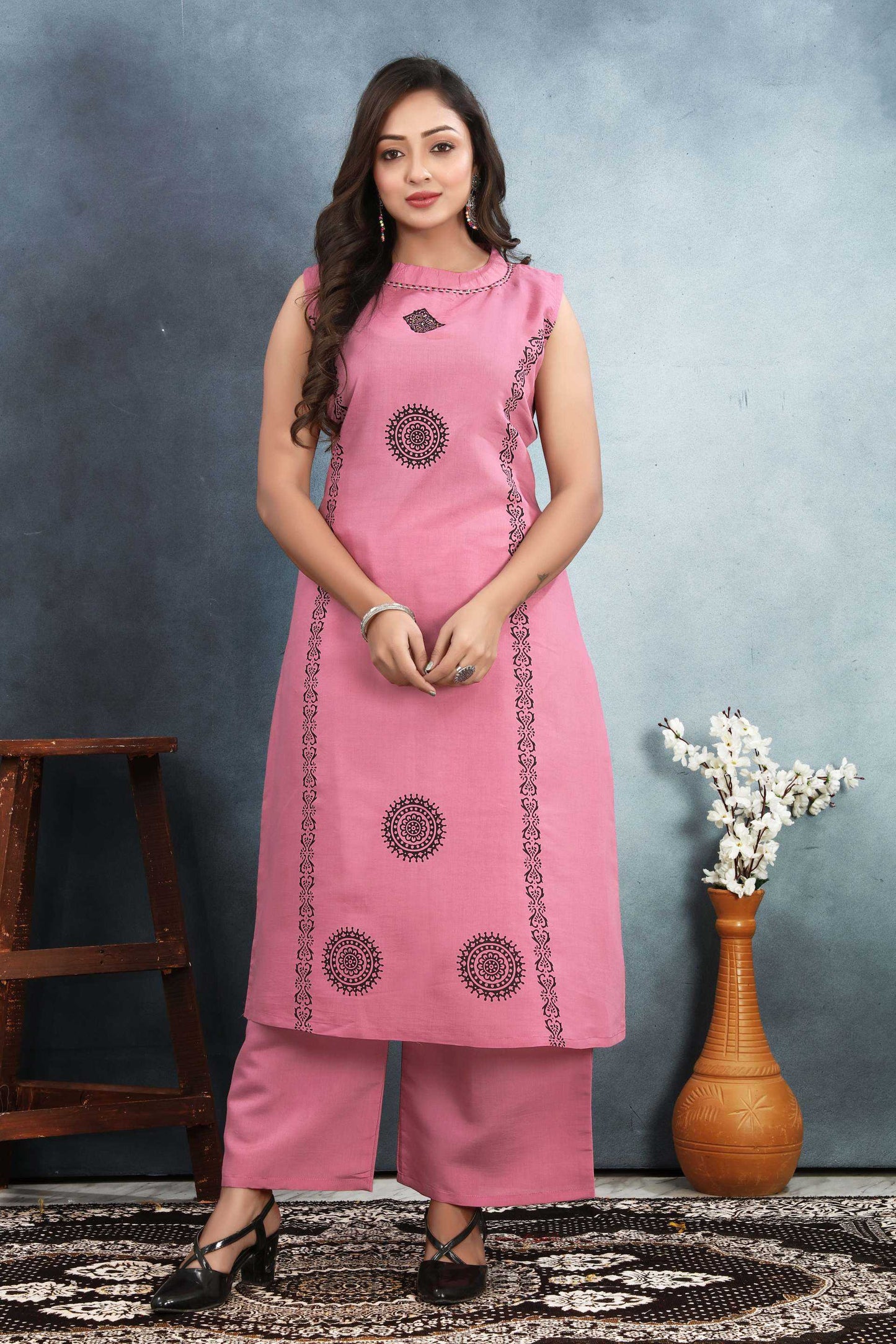 Heavy Roman Silk Pink Kurthi Set