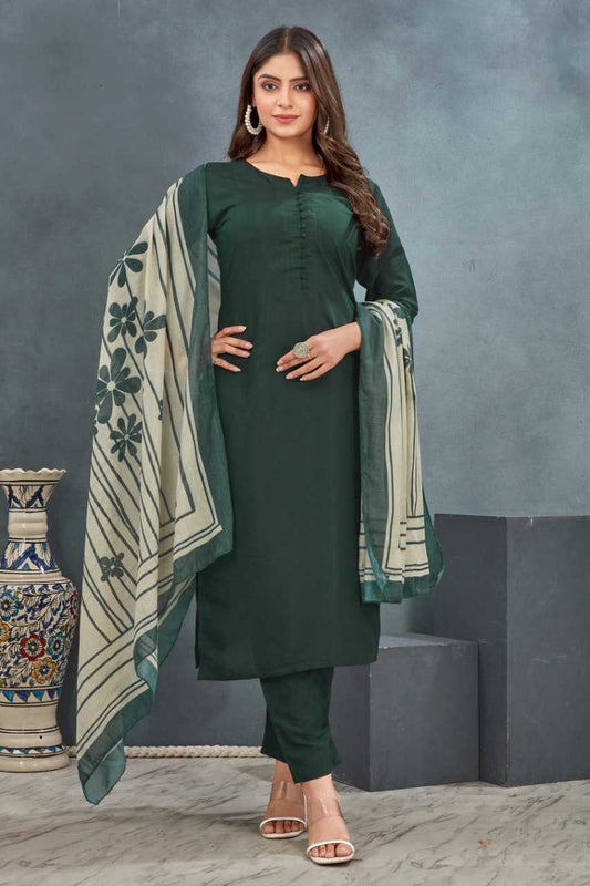 Heavy Roman Silk With Floral Dupatta Green Kurthi Set