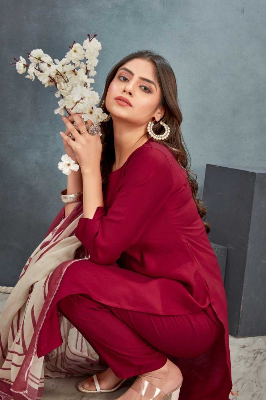 Heavy Roman Silk With Floral Dupatta Maroon Kurthi Set
