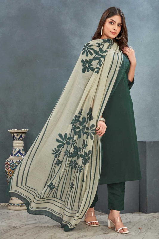 Heavy Roman Silk With Floral Dupatta Green Kurthi Set