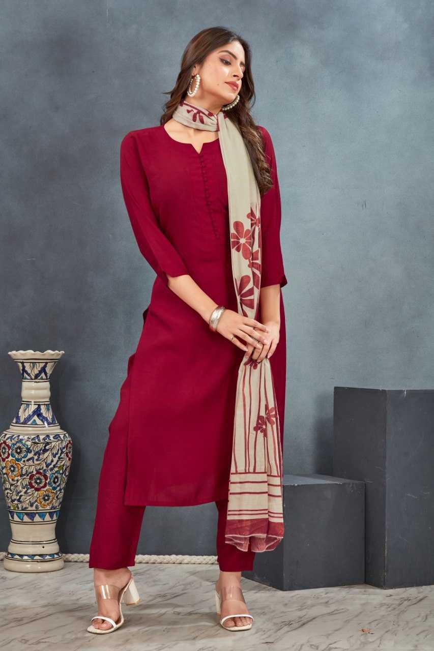 Heavy Roman Silk With Floral Dupatta Maroon Kurthi Set