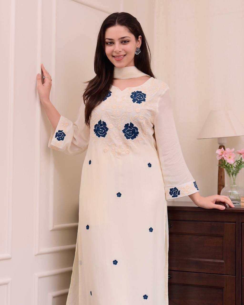 White Roman Silk Embroidery Work