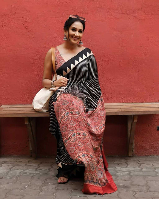 Digital Print Border Japan Silk Rose Pink Saree