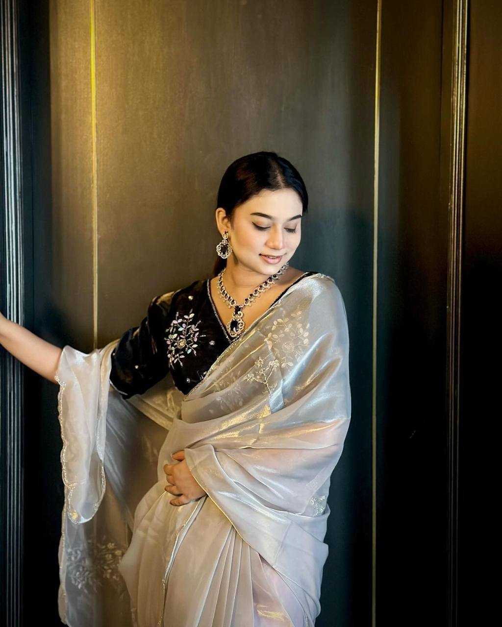 Golden Jimmy Choo Fabric With Heavy Handwork Butta All Over Saree