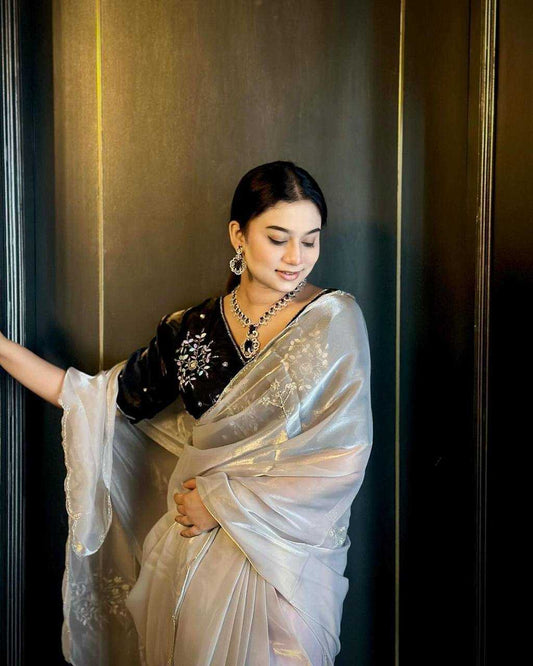 Golden Jimmy Choo Fabric With Heavy Handwork Butta All Over Saree