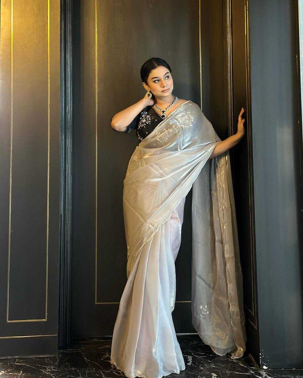 Golden Jimmy Choo Fabric With Heavy Handwork Butta All Over Saree
