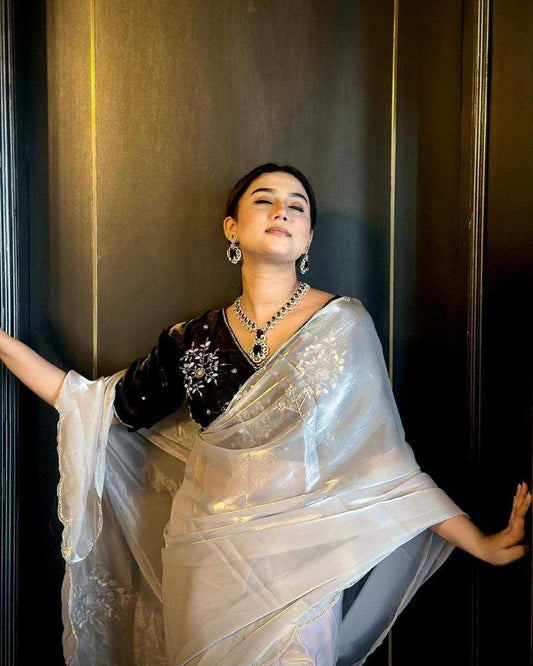 Golden Jimmy Choo Fabric With Heavy Handwork Butta All Over Saree