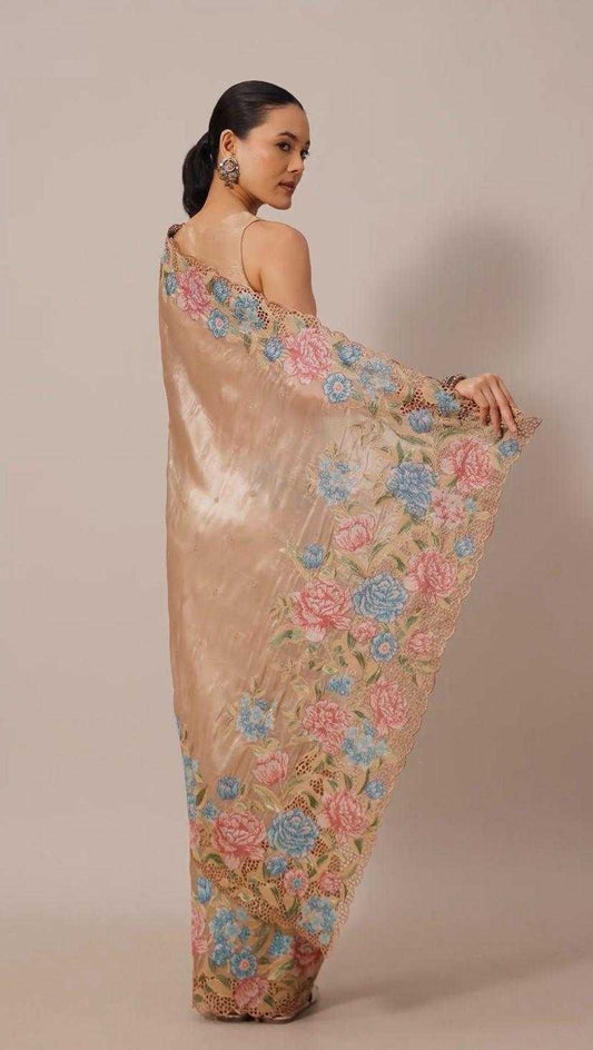 Pure Jimmicho Organza Tissue  Fabric With Multi colour threads Embroidery