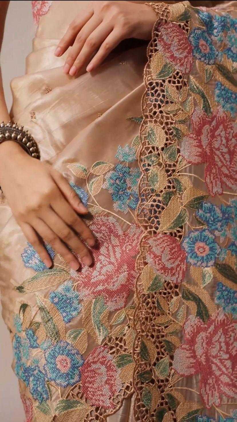 Pure Jimmicho Organza Tissue  Fabric With Multi colour threads Embroidery