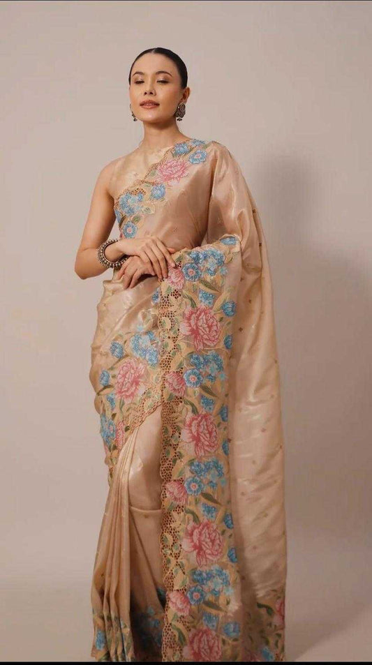 Pure Jimmicho Organza Tissue  Fabric With Multi colour threads Embroidery