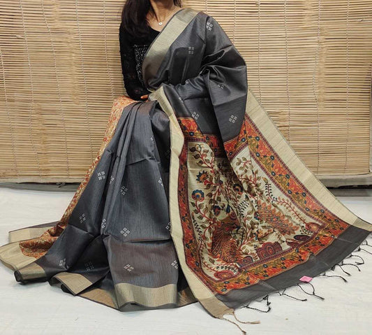 Soft Khadi Raw Silk Grey saree with kalamkari peacock hand print