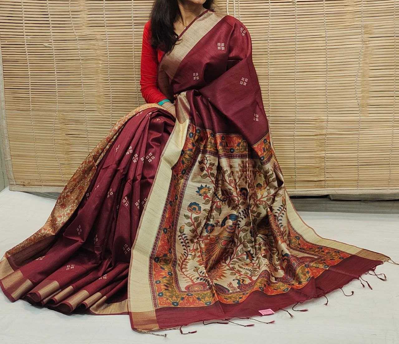 Soft Khadi Raw Silk Red saree with kalamkari peacock hand print