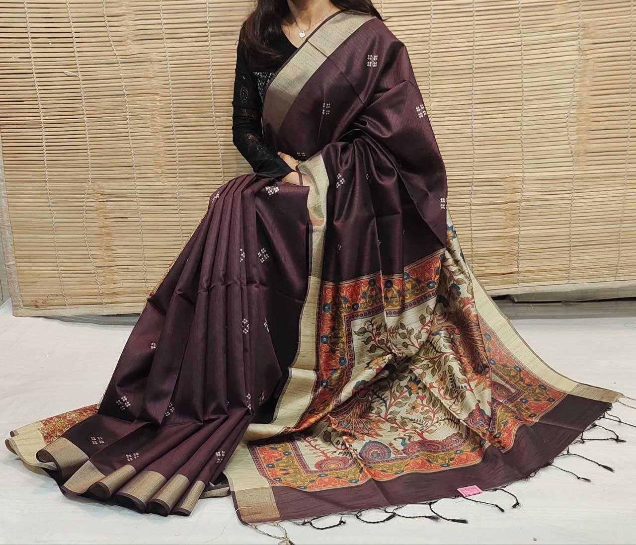 Soft Khadi Raw Silk Brown saree with kalamkari peacock hand print