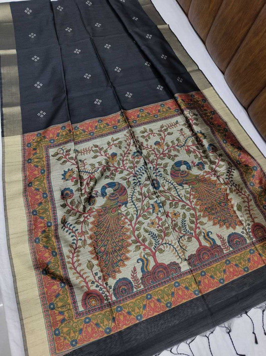 Soft Khadi Raw Silk Grey saree with kalamkari peacock hand print