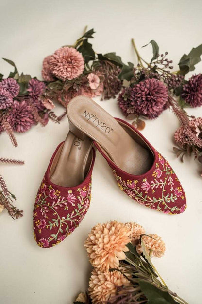 Maroon Color Floral Vine Embroidered Jutti