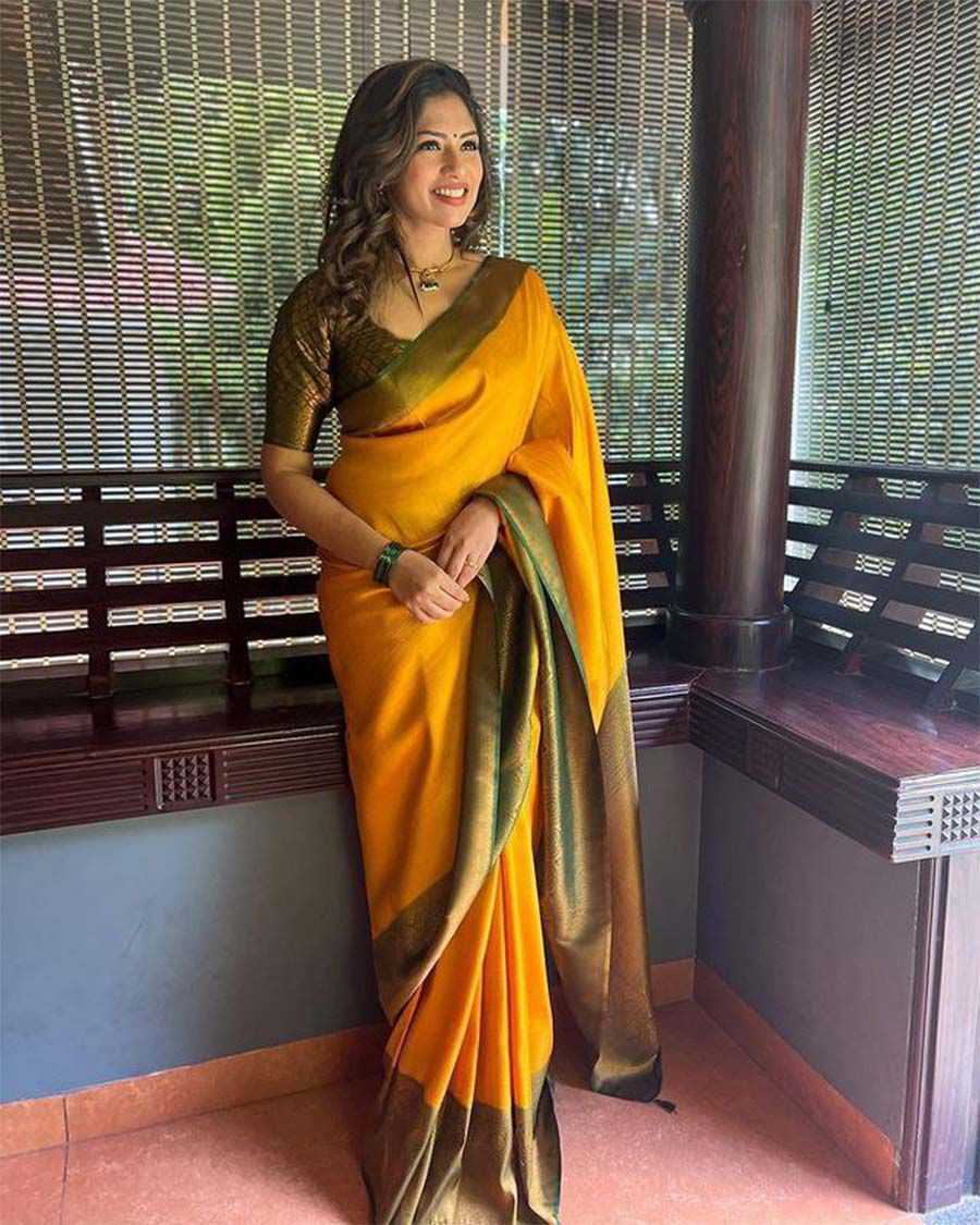 Mustard Lichi Silk Saree