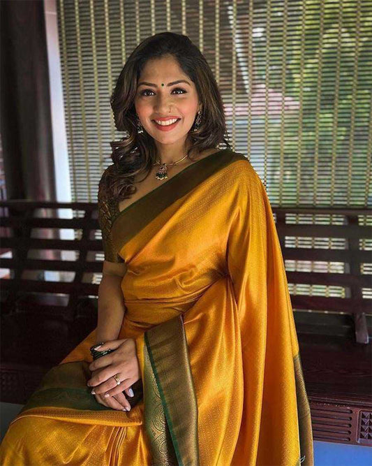 Mustard Lichi Silk Saree