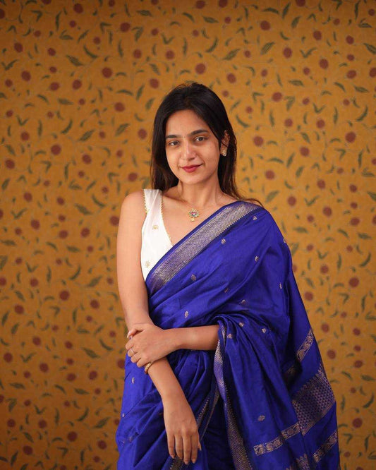 Soft Lichi Silk Jacquard Border Blue Saree