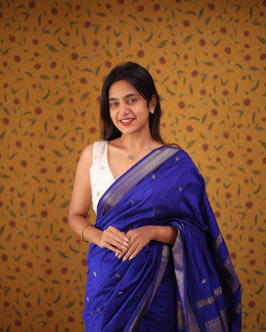 Soft Lichi Silk Jacquard Border Blue Saree