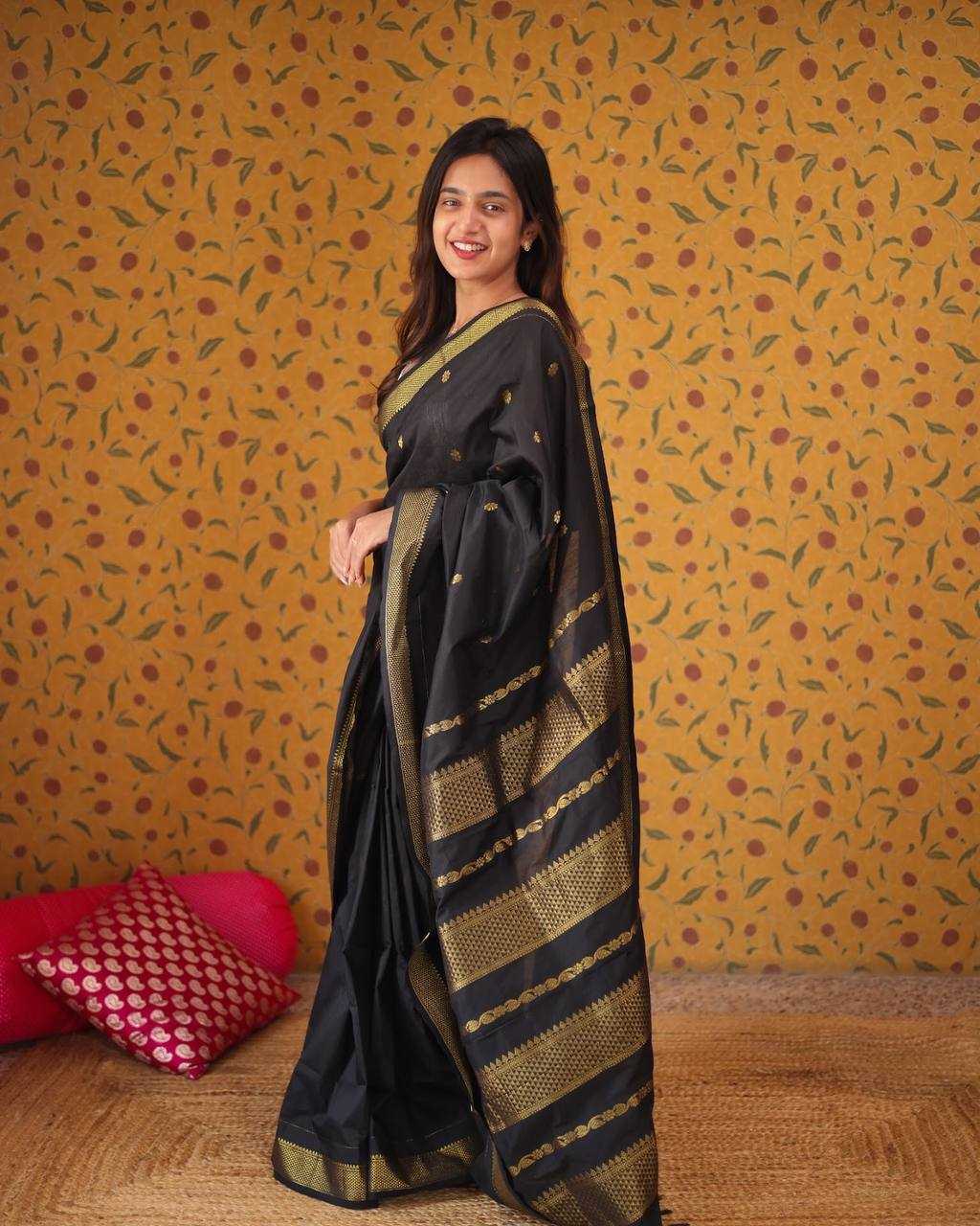 Soft Lichi Silk Jacquard Border Black Saree