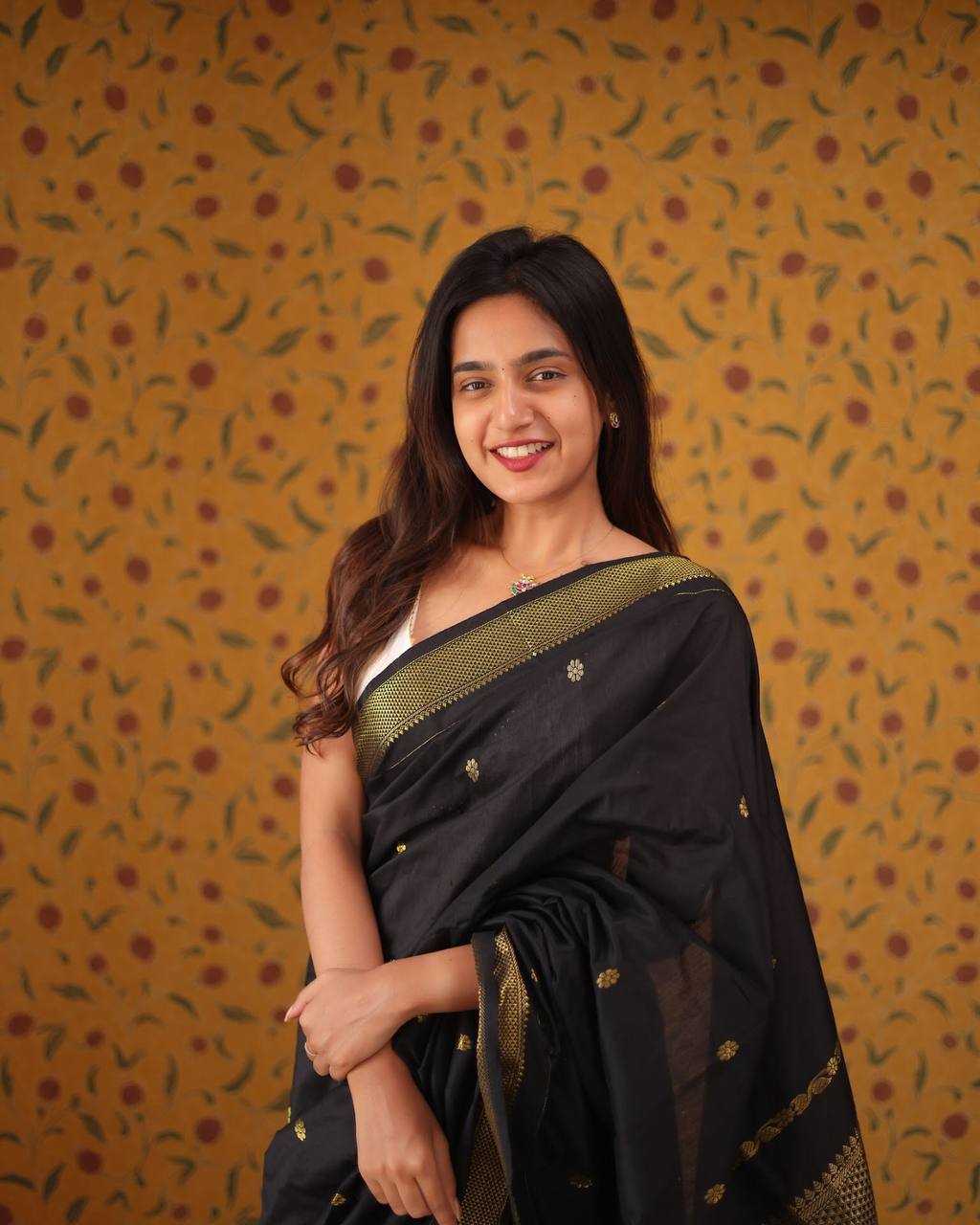 Soft Lichi Silk Jacquard Border Black Saree