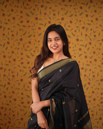 Soft Lichi Silk Jacquard Border Black Saree