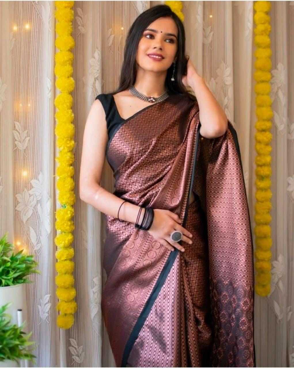 Soft Lichi Black Silk Saree With Rich Pallu And Jacquard Work