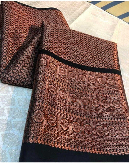 Soft Lichi Black Silk Saree With Rich Pallu And Jacquard Work