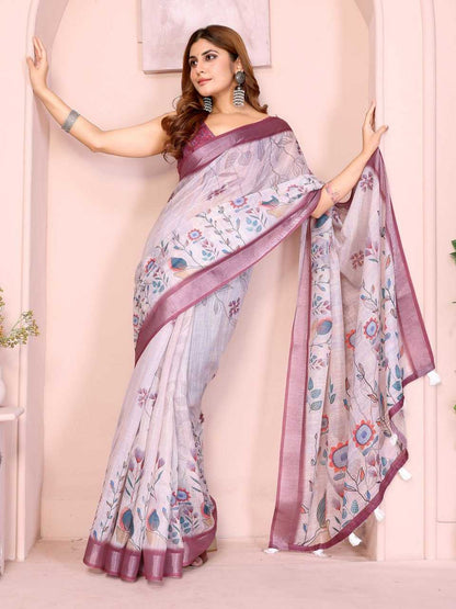 Pastel lavender base with Multicolor Floral Print and Wine-Purple Border