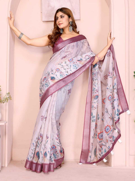 Pastel lavender base with Multicolor Floral Print and Wine-Purple Border