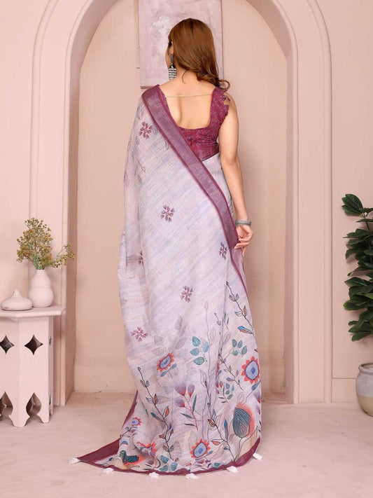 Pastel lavender base with Multicolor Floral Print and Wine-Purple Border
