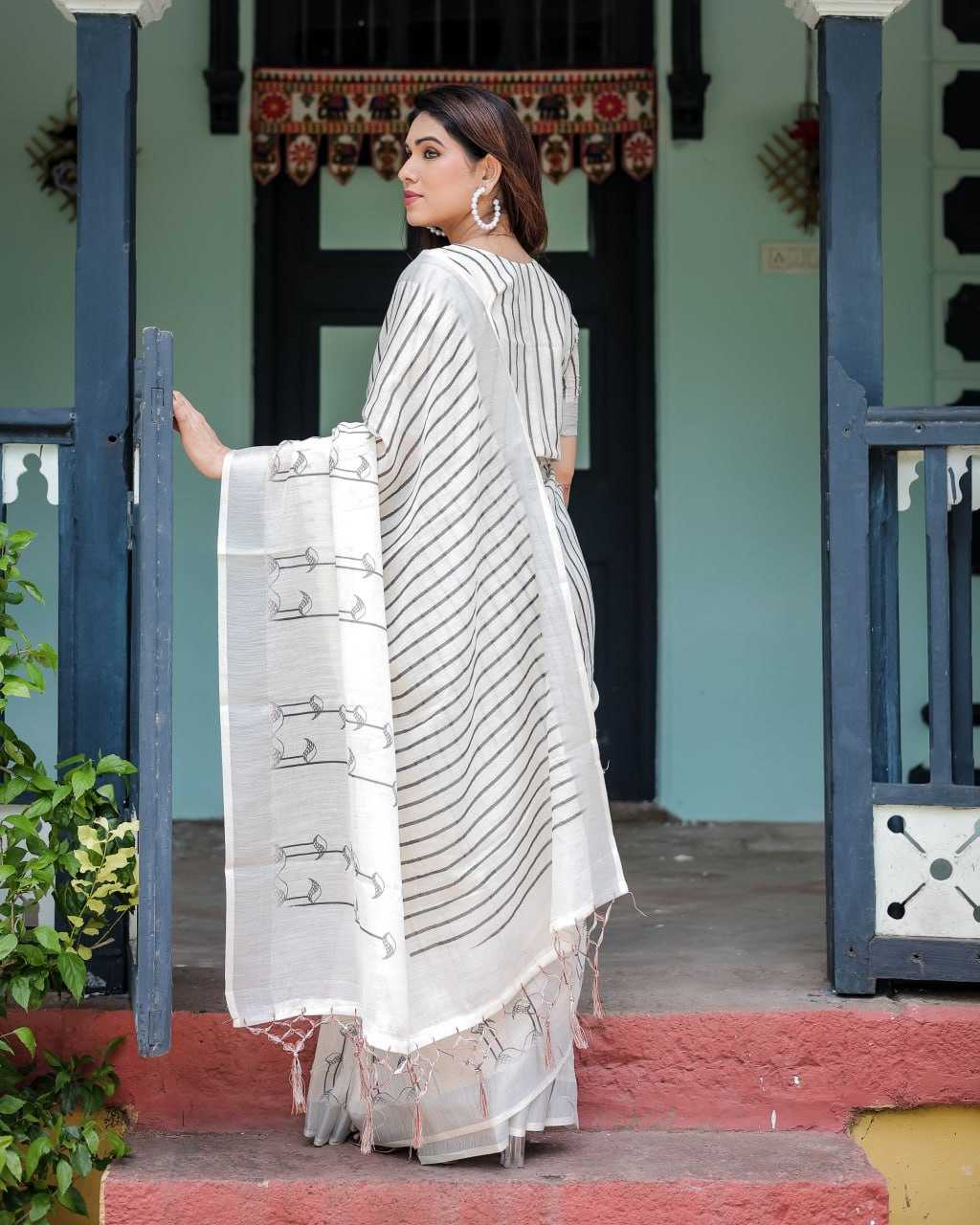 Vertical Stripes White Cotton Linen Blend Saree