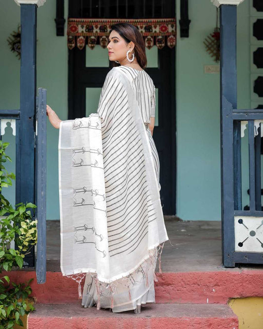 Vertical Stripes White Cotton Linen Blend Saree