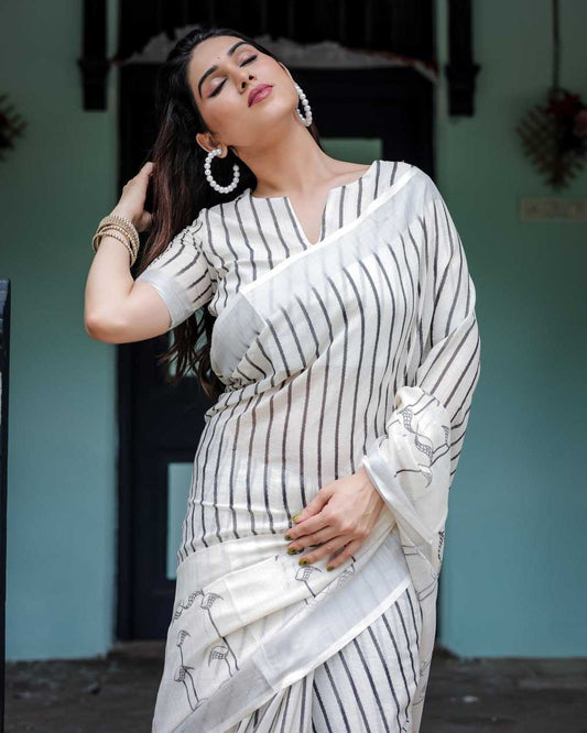 Vertical Stripes White Cotton Linen Blend Saree