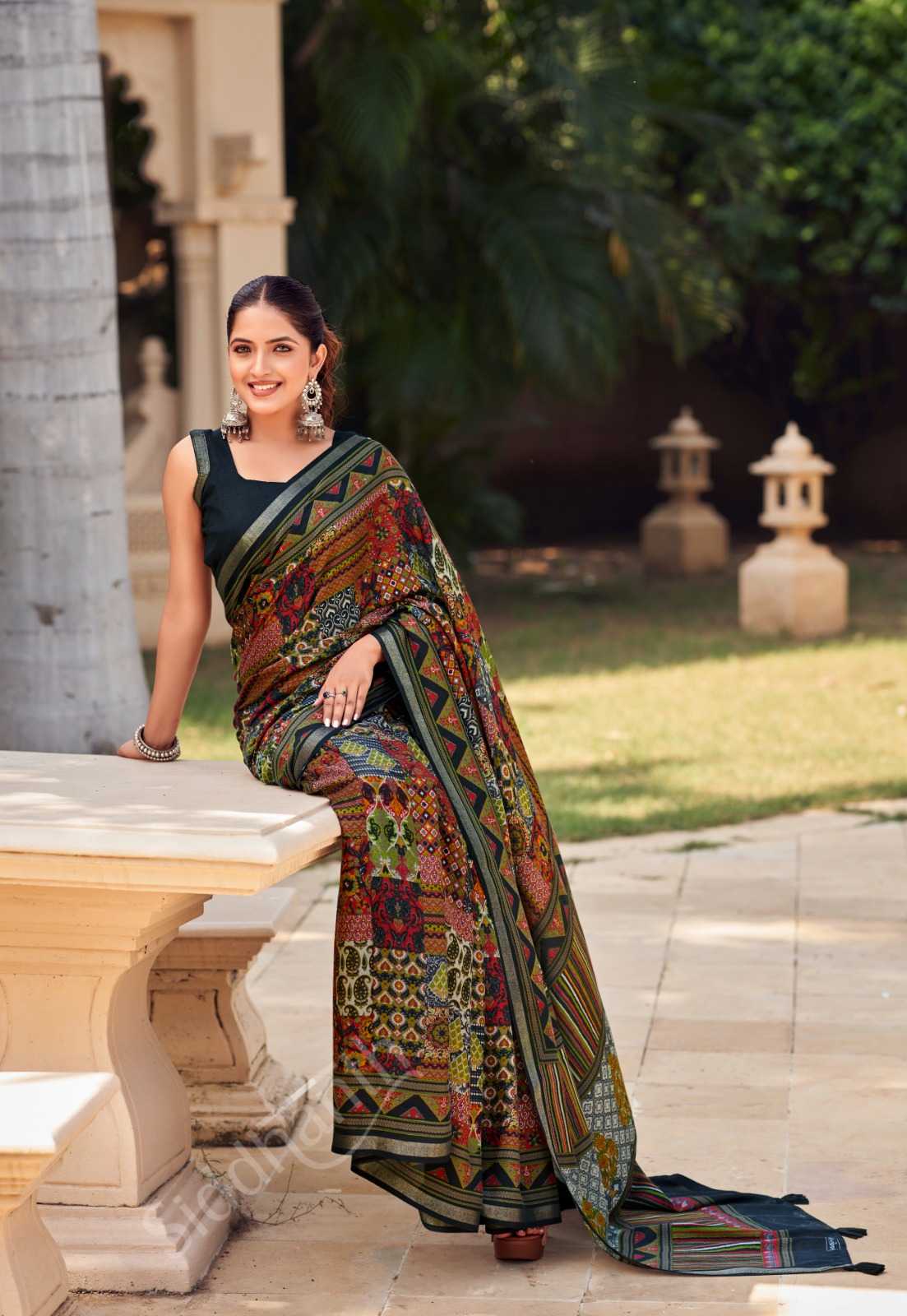 Ajarak Printed Malai Cotton Black Saree