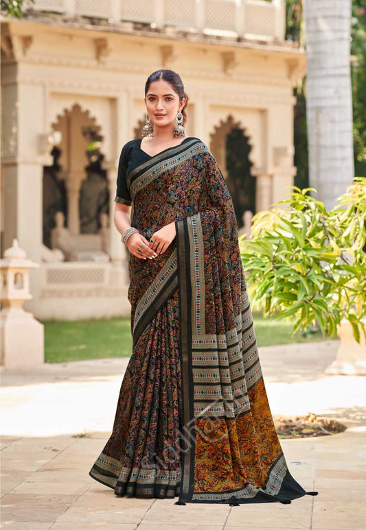 Ajarak Printed Malai Cotton Brown Saree