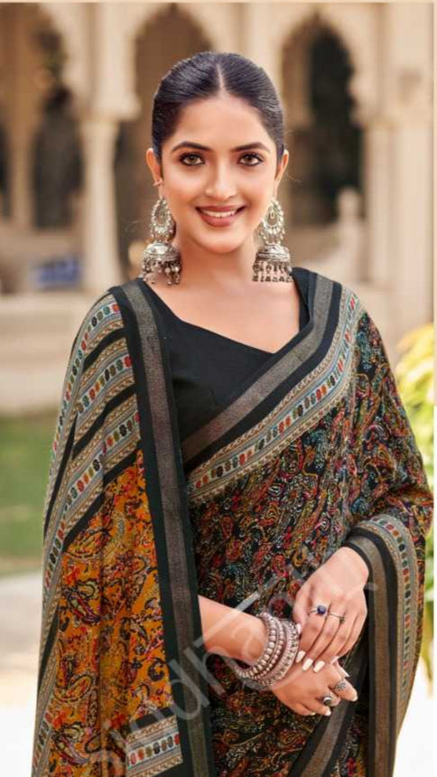 Ajarak Printed Malai Cotton Brown Saree