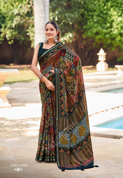 Ajarak Printed Malai Cotton Black Saree