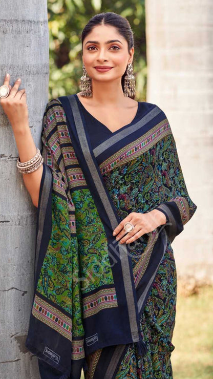 Ajarak Printed Malai Cotton Navy Blue Saree