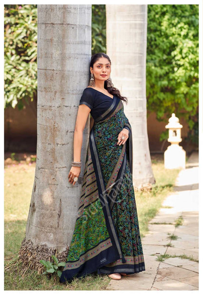 Ajarak Printed Malai Cotton Navy Blue Saree