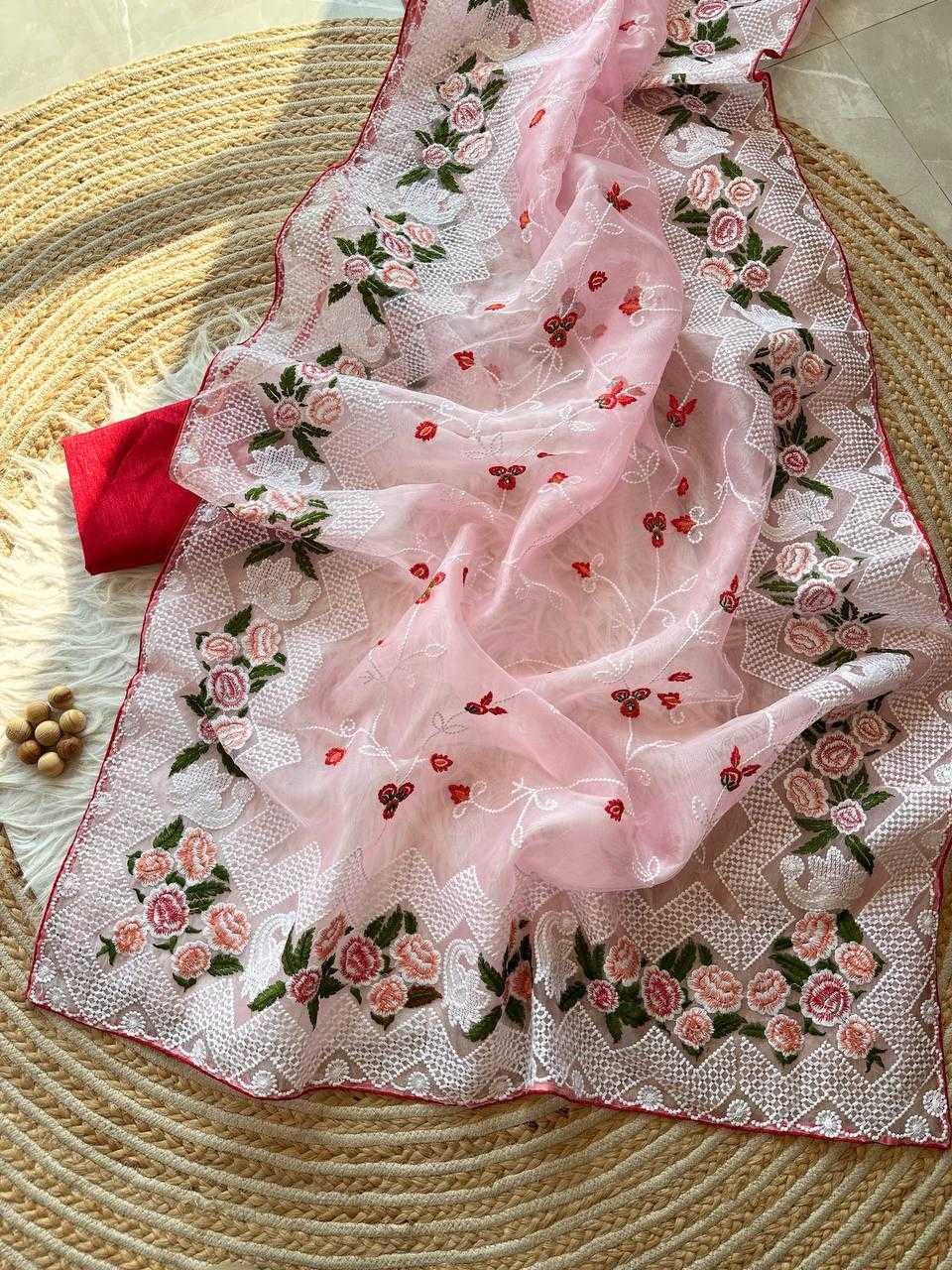Pink Pure Organza Saree with Chikankari handwork