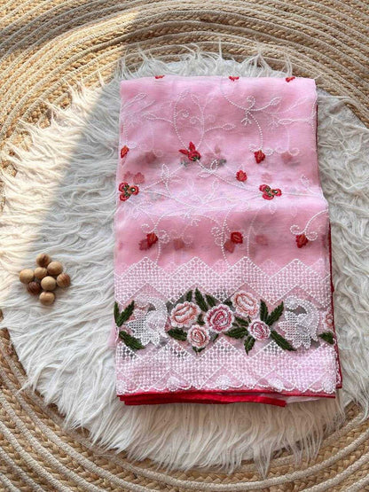 Pink Pure Organza Saree with Chikankari handwork