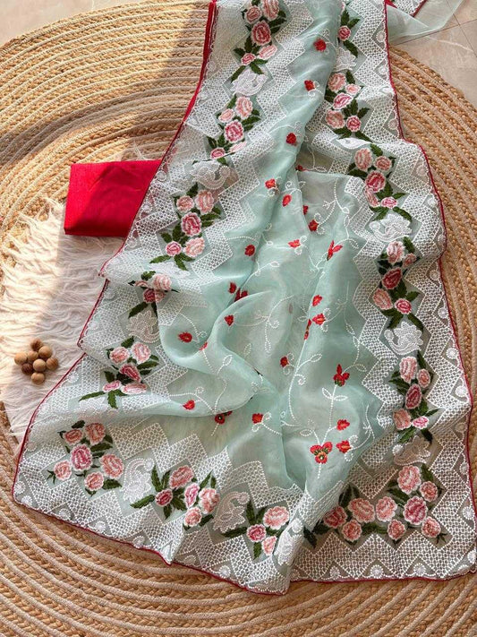 Light Blue Pure Organza Saree with Chikankari handwork