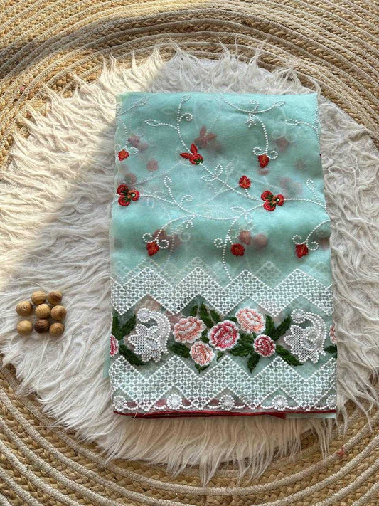 Light Blue Pure Organza Saree with Chikankari handwork