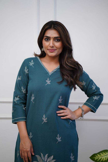 Multi Thread Embroidery Stich Work Navy Blue Kurti