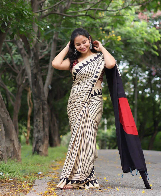 Biege Color Striped Silk Saree