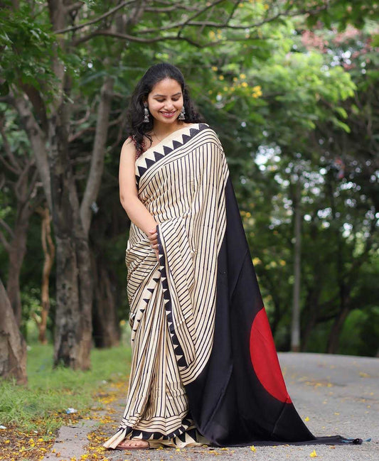 Biege Color Striped Silk Saree
