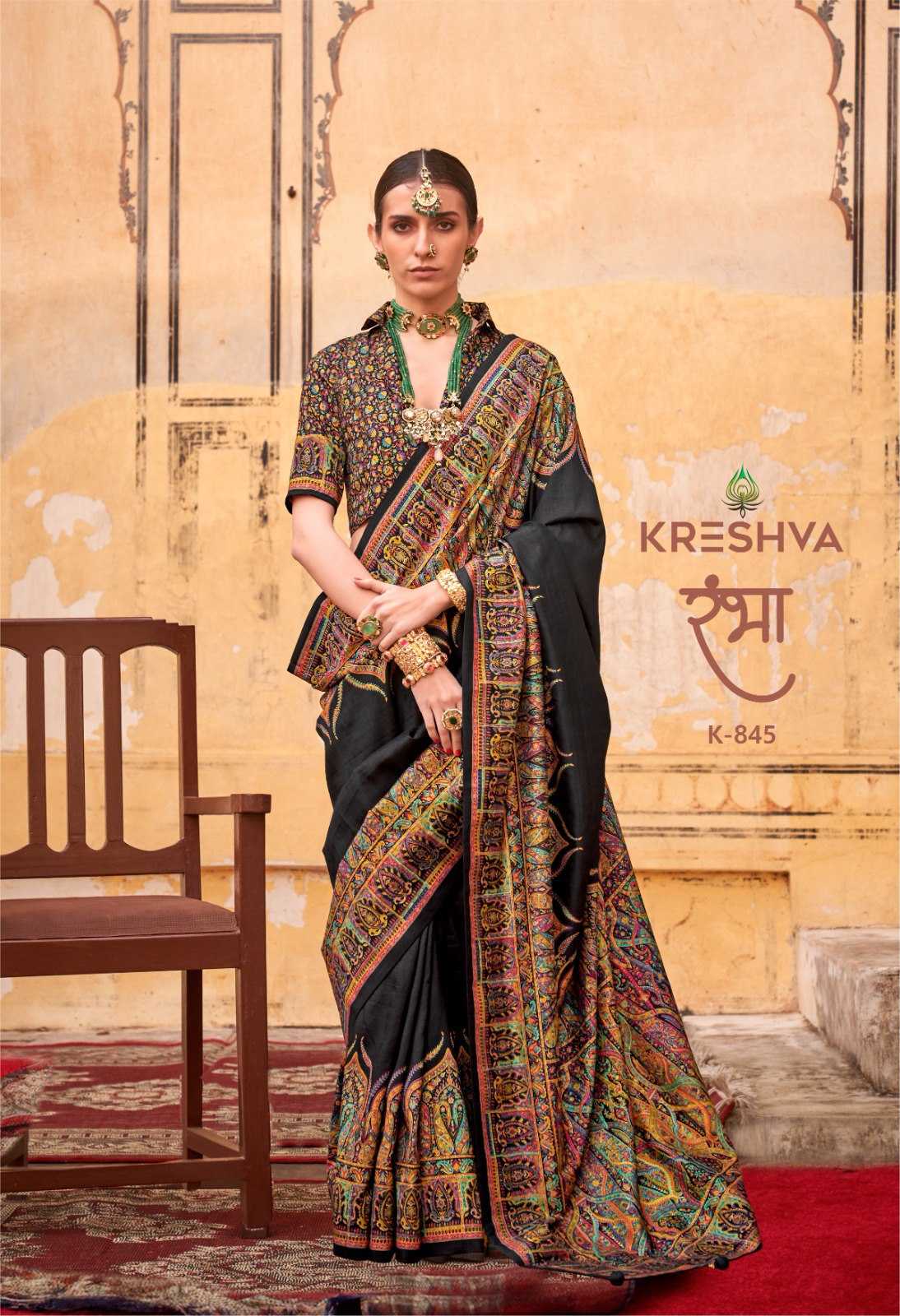 Exquisite Ajrakh-Inspired patterns with Silk-blend fabric Black