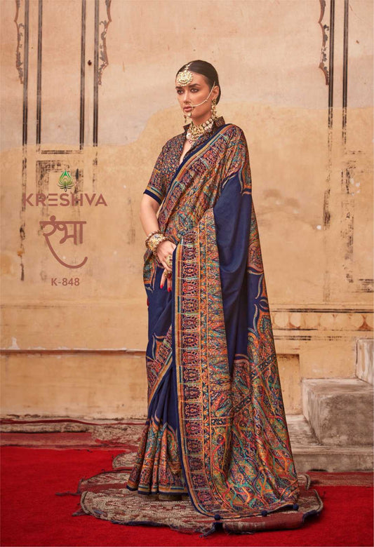 Exquisite Ajrakh-Inspired patterns with Silk-blend fabric Navy Blue