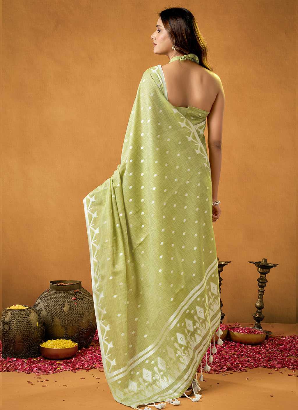 Mehandi Spun Floral Pure Cotton Saree